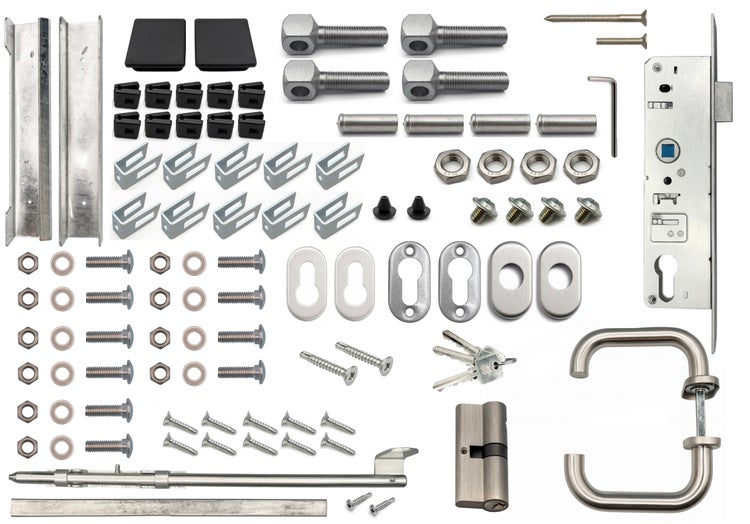 Komponenten für ein Schiebetürschloss-Set mit Schrauben, Schlüsseln und Griffen.