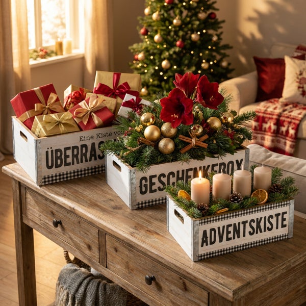 Drei dekorative Holzkisten für Weihnachten auf einem Holztisch mit Geschenken, Amaryllis, Christbaumkugeln und vier Adventskerzen.