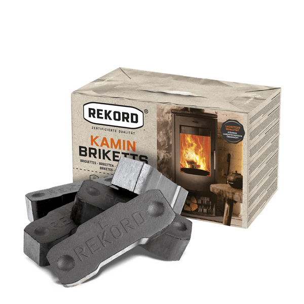 REKORD Kaminbriketts im Karton mit Tragegriff und davor liegende Braunkohlebriketts mit REKORD Logo.