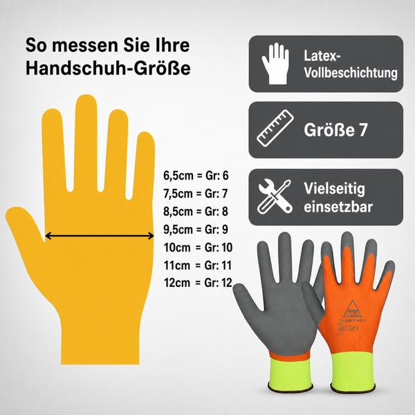 Infografik zur Bestimmung der Handschuhgröße für Arbeitshandschuhe mit Latex-Vollbeschichtung und Größentabelle für die Handbreite.