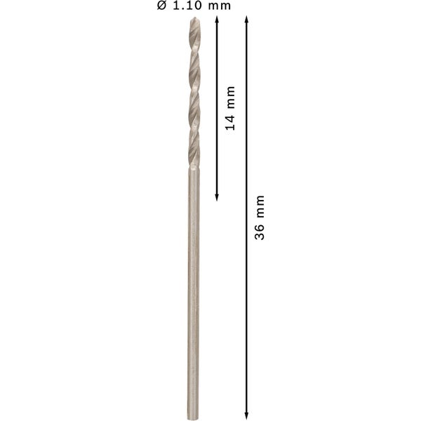Metallbohrer mit einer Größe von 1,10 Millimetern und einer Gesamtlänge von 36 Millimetern.