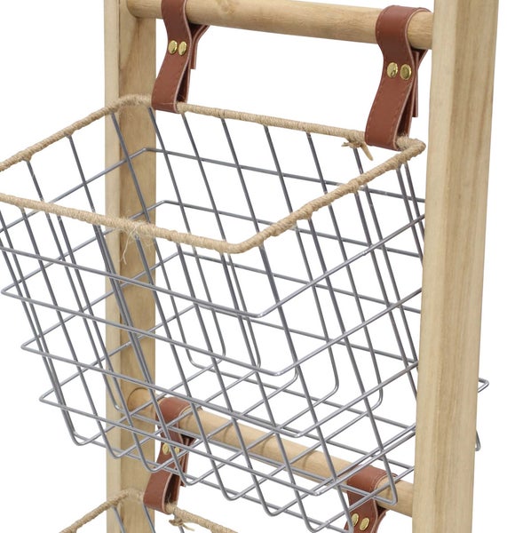 FRANK FLECHTWAREN | Drahtkorb-Regal My Storage, METALL, HOLZ, POLYURETHAN, JUTE, 35 x 91 x 32 cm, Korb 30 x 14 x 20 cm
