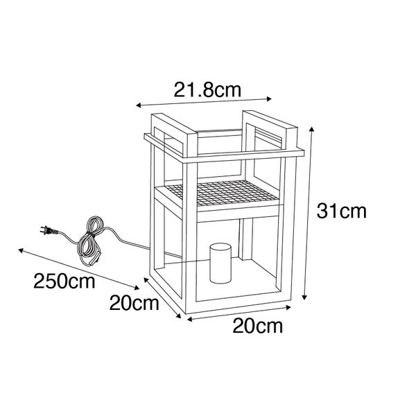 Technische Zeichnung einer Leuchte mit Maßen 21,8 cm Breite, 31 cm Höhe und 20 cm Tiefe, Kabellänge 250 cm