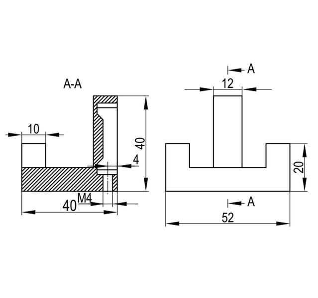 Technische Zeichnung eines T-förmigen Bauteils mit Maßangaben