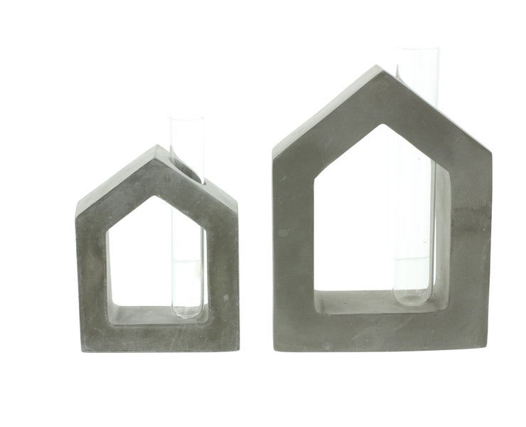 FRANK FLECHTWAREN | Haus mit Vase, 2er Set, STEIN, GLAS, 9 x 3 x 12 cm, GH 14 cm, 12 x 4 x 16 cm, GH 17 cm