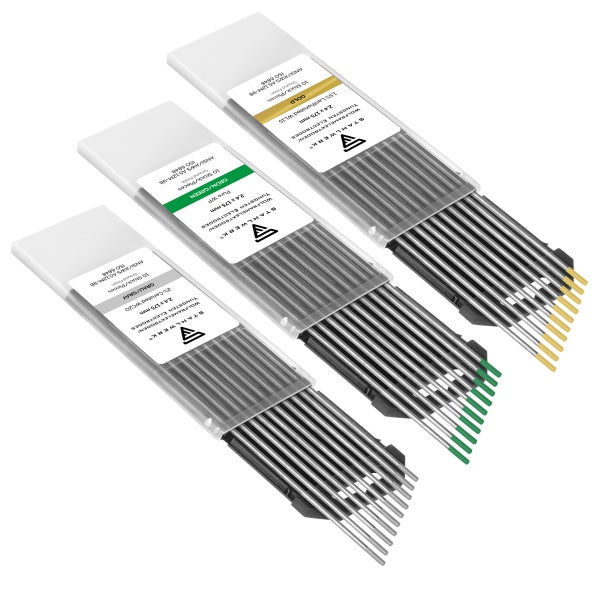 Drei Packungen Wolfram Elektroden mit unterschiedlichen Farben zur Kennzeichnung.