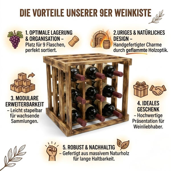 Infografik zeigt die Vorteile des stapelbaren 9er Weinregals aus geflammtem Massivholz zur Lagerung und Präsentation von Weinflaschen.