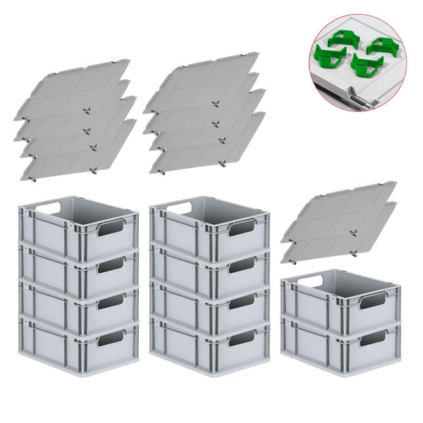 PROREGAL Spar Set 10x Eurobox Nextgen Economy Mit Auflagedeckel & 4x Schiebeschnappverschlüsse Grün Griffe Offen HxBxT 17 x 30 x 40 cm 16 Liter