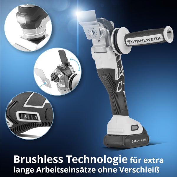 Stahlwerk Akku-Multitool mit bürstenlosem Motor, LED-Arbeitslicht, werkzeuglosem Zubehörwechsel und variablem Geschwindigkeitsregler.