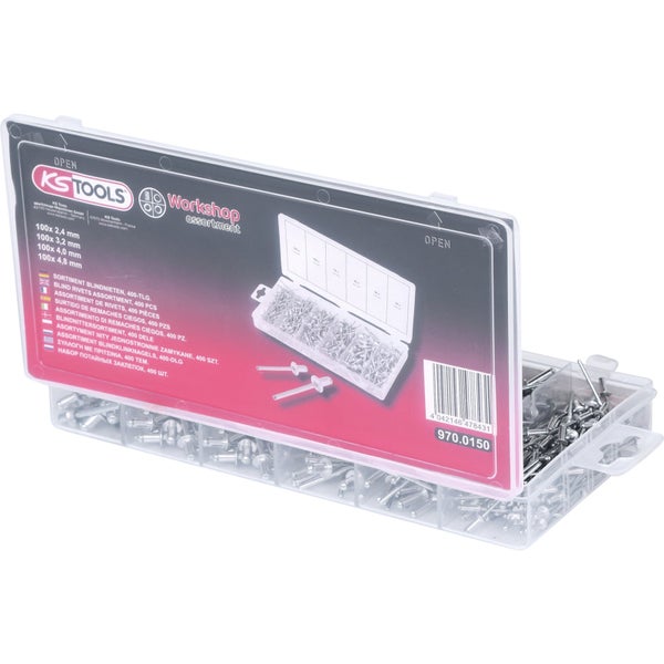 KS Tools Blindnieten-Sortiment, 400-teilig, Größen 2,4 mm bis 4,8 mm, in transparenter Sortimentsbox.