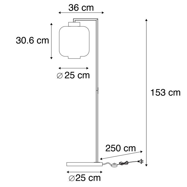 Abmessungen einer Stehlampe: 153 cm hoch, Lampenschirm 30,6 cm hoch und 25 cm breit, Ausladung 36 cm, Kabellänge 250 cm.
