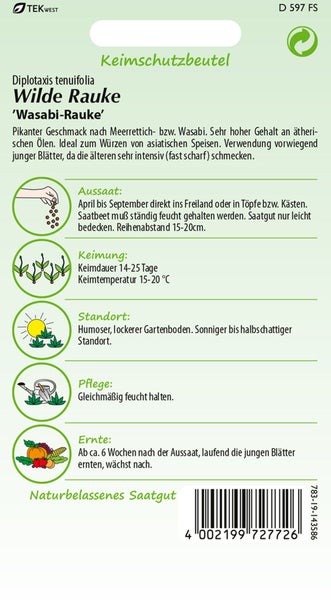 Samenpackung Wilde Rauke 'Wasabi-Rauke' mit Aussaat-, Keimungs-, Standort-, Pflege- und Erntehinweisen