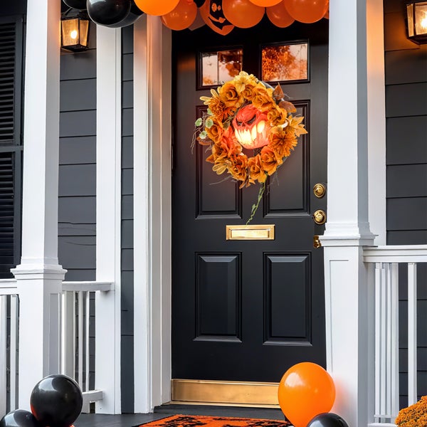 Dekorierte Haustür mit Halloween-Kranz, Ballons und Fußmatte für eine festliche Atmosphäre.