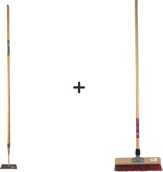 Kombination aus Fugenkratzer und Straßenbesen mit Holzstiel