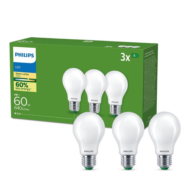 Philips LED Lampe E27 Birne A60 Ultra Efficient 4W 840lm 2700K Dreierpack standard