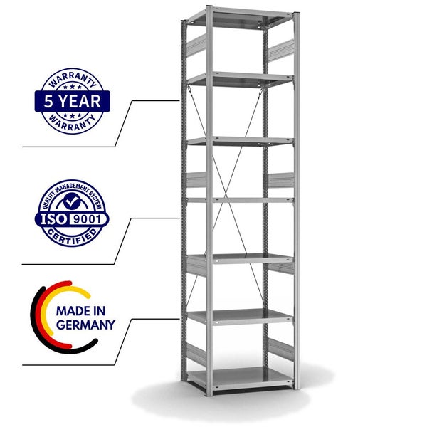 PROREGAL Fachbodenregal Stecksystem T-Profil Heavy-Duty Grundregal HxBxT 300 x 75 x 50 cm 7 Ebenen Fachlast 300 kg Einseitig Nutzbar Verzinkt