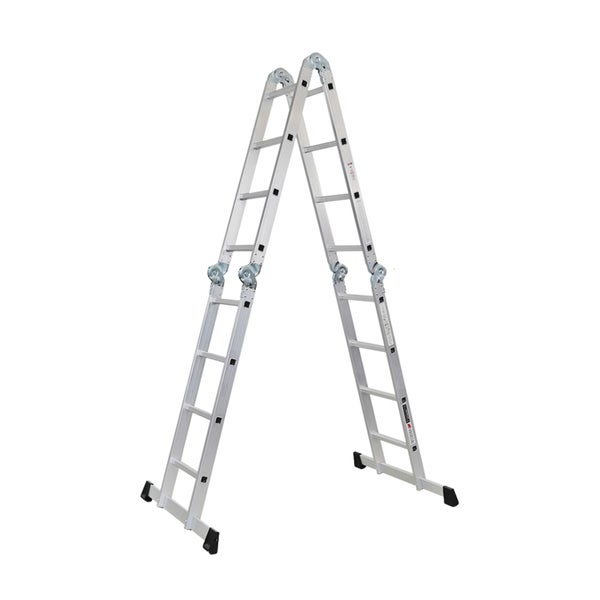 Mehrzweckleiter aus Aluminium in A-Form-Stellung mit Gelenken und stabilen Standfüßen.