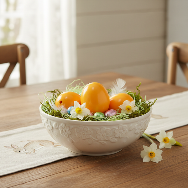 Weiße Keramikschale mit Blumenrelief auf einem Holztisch, gefüllt mit grünem Moos, gelben Ostereiern, weißen Blüten und einer Feder.