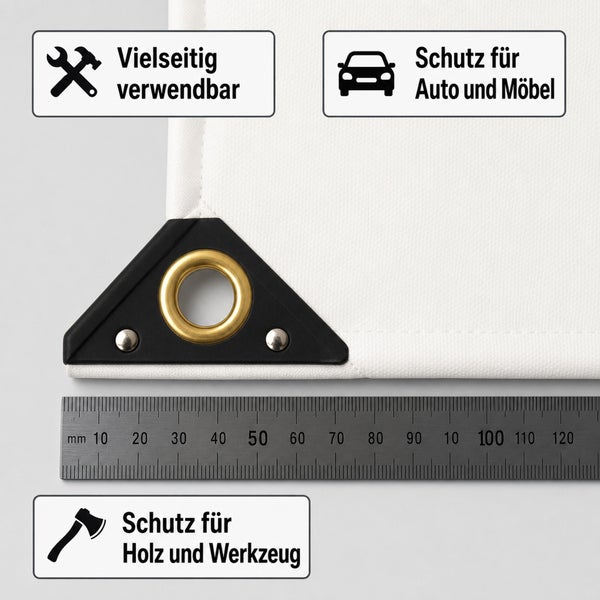 Abdeckplane mit verstärkter Ecke und Metallöse, maßstäblich dargestellt mit Lineal, für vielseitigen Schutz von Auto, Möbeln, Holz und Werkzeug.
