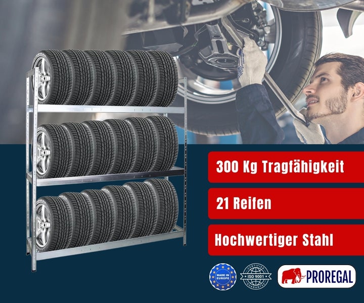Reifenregal aus Stahl für 21 Reifen, Traglast 300 Kilogramm. Hergestellt in Europa, ISO 9001 zertifiziert. Proregal Logo.
