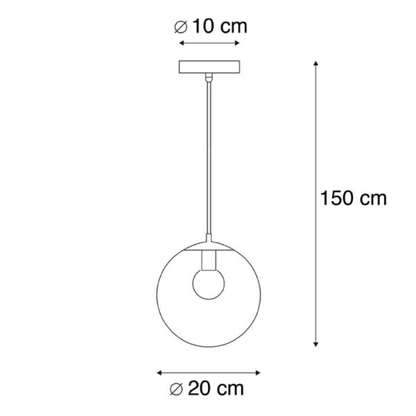 Zeichnung einer Hängeleuchte mit den Maßen 10 cm, 20 cm und 150 cm