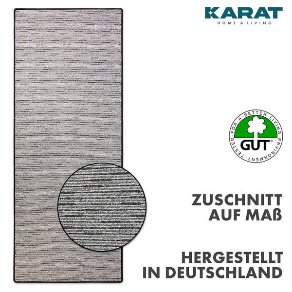 Teppichläufer mit horizontalem Streifenmuster, Zuschnitt auf Maß, hergestellt in Deutschland, GUT Siegel, Karat Home & Living Logo.