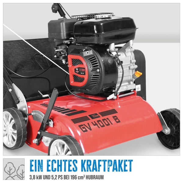 Benzin Vertikutierer Güde GV 4001 B mit 3,8 Kilowatt Motor und 196 Kubikzentimeter Hubraum für Rasenpflege.