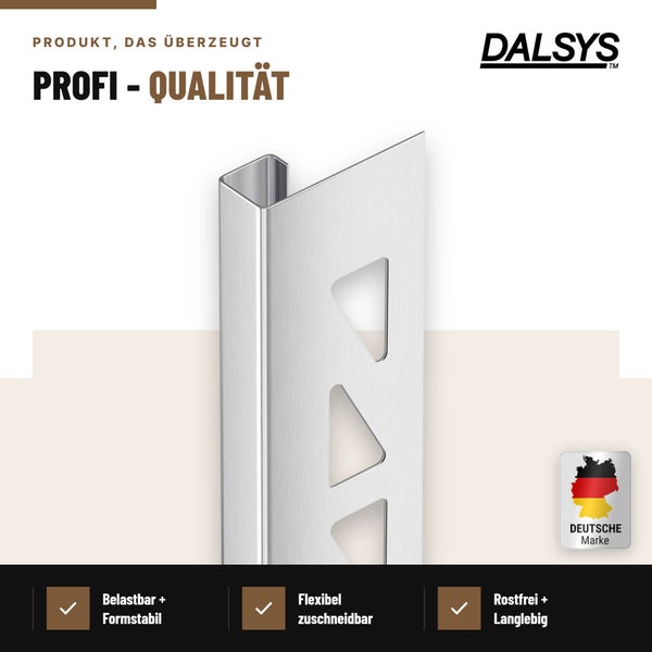 Dalsys Fliesenabschlussprofil aus Edelstahl für saubere Kantenabschlüsse bei Fliesen und Bodenbelägen, robust und formstabil.