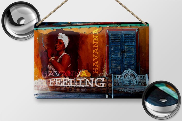 Blechschild Spruch 30x20cm Havanna Feeling Frau mit Zigarre