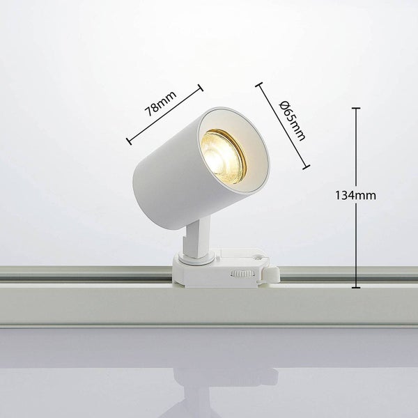 Abmessungen einer einzelnen weißen Schienenleuchte mit Halogenlampe