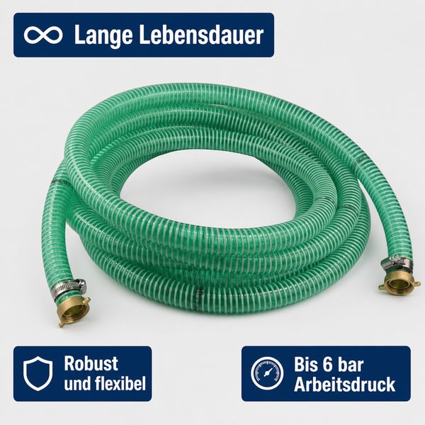 Saugschlauch mit Anschlüssen, robust und flexibel mit einer maximalen Druckbelastbarkeit von 6 bar und langer Lebensdauer.