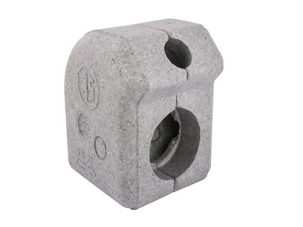 Wärmedämmschale aus grauem Hartschaum für Rohrleitungen mit zwei runden Aussparungen.