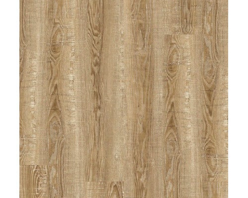 Bodenbelag in Holzoptik mit ausgeprägter Maserung und Astlöchern, strukturierte Oberfläche.