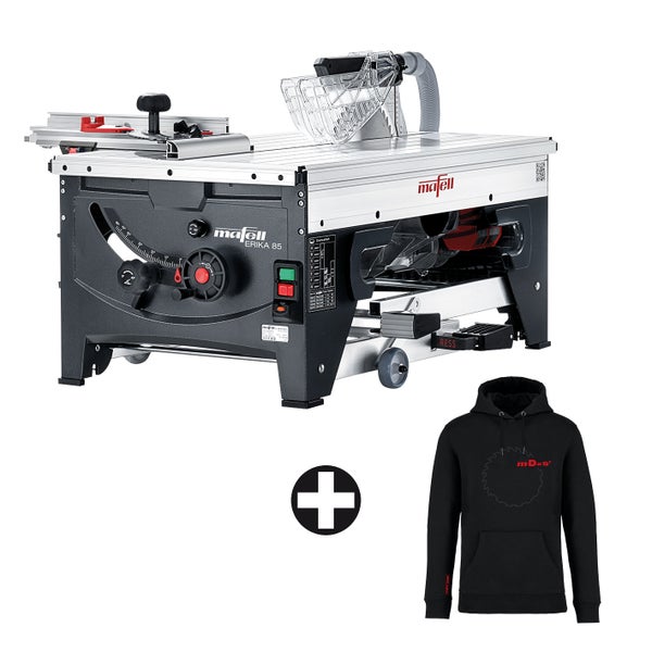 Mafell Erika 85 Unterflur-Zugsäge mit Mafell Logo und Kapuzenpullover im Set.