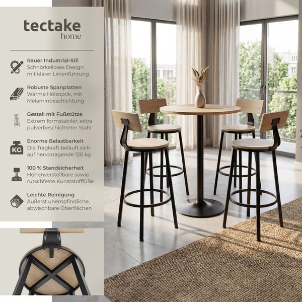 Modernes Bartisch-Set im Industrial-Stil mit rundem Tisch in Holzoptik und vier Barhockern mit Metallgestell in hellem Raum. tectake home Logo.