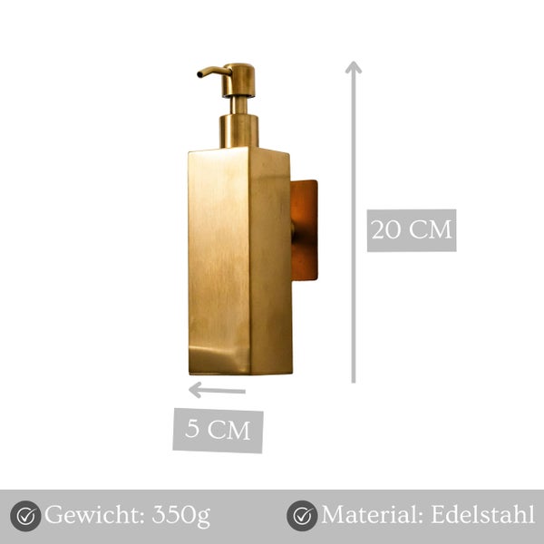 Wandseifenspender aus Edelstahl mit 20 Zentimeter Höhe und 5 Zentimeter Breite sowie einem Gewicht von 350 Gramm