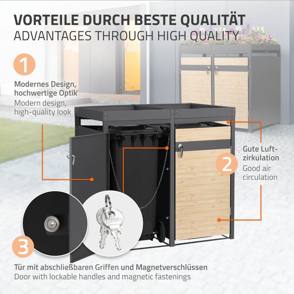 Mülltonnenbox für zwei Tonnen mit Holzoptik, Pflanzdach, Luftzirkulation sowie abschließbaren Griffen und Magnetverschlüssen an den Türen.