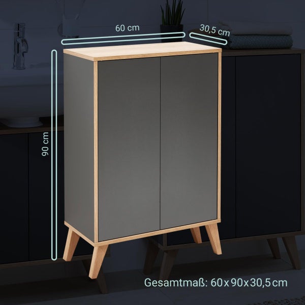 FACKELMANN FINN Badmöbel Set 2 Teile / Doppel-Midischrank mit Push-to-Open fürs Bad / 4 Holzfüße / Badschrank mit 2 Türen / Korpus & Front: Schwarz / Rahmendekor & Füße: Braun hell / Breite: 60 cm