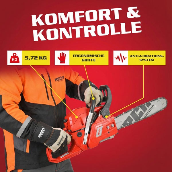 Produktbild einer Motorsäge mit Informationen zu Gewicht, ergonomischen Griffen und Antivibrationssystem.