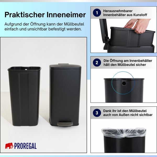 Schwarzer Tretmülleimer mit herausnehmbarem Inneneimer aus Kunststoff und einer Öffnung zur unsichtbaren Befestigung des Müllbeutels.