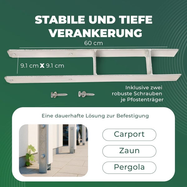 H-Pfostenträger aus Stahl, 60 Zentimeter lang, für 9.1 mal 9.1 Zentimeter Pfosten, inklusive zwei Schrauben für Carport, Zaun oder Pergola.