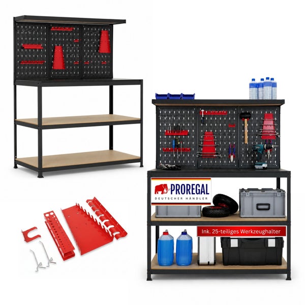 PROREGAL Werkbank mit Lochwand, 25-teiligem Werkzeughalter-Set und Holzböden. Schwarzes Metallgestell für Werkstatt und Garage. PROREGAL Logo.