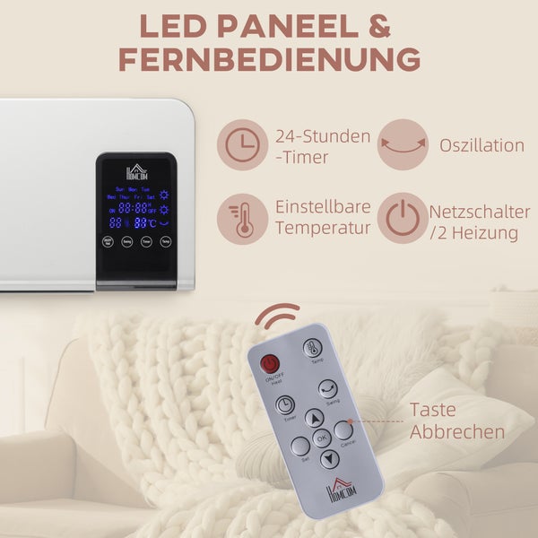 LED-Anzeige und Fernbedienung für Heizgerät mit 24-Stunden-Timer, Oszillation, einstellbarer Temperatur und zwei Heizstufen.