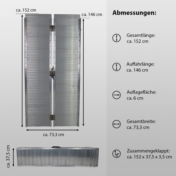 TRUTZHOLM Rollstuhlrampe klappbar 152 cm Traglast 272 kg Alu grau geriffelt Auffahrrampe