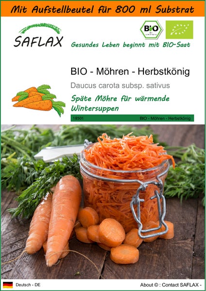 SAFLAX Garden in the bag - BIO - Möhren - Herbstkönig - Daucus carota subsp. sativus - 1000 Samen - Mit Anzuchtsubstrat im praktischen, selbst aufstellenden Beutel