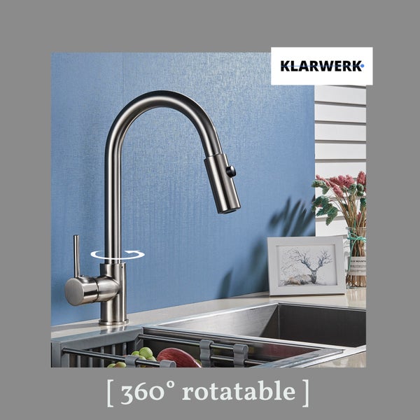 Paul | Premium Silber gebürstet ausziehbare Niederdruck Armatur |Edelstahl Wasserhahn Küche | Mischbatterie - 360 Grad drehbar | Boiler 3 Anschlüsse