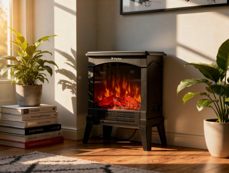 Dekorativer Elektrokamin von Purline in einem Wohnzimmer mit Pflanzen und Büchern.