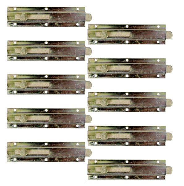 Set aus zehn verzinkten Riegelschlössern für Türen und Tore mit Schiebemechanismus zur sicheren Verriegelung.