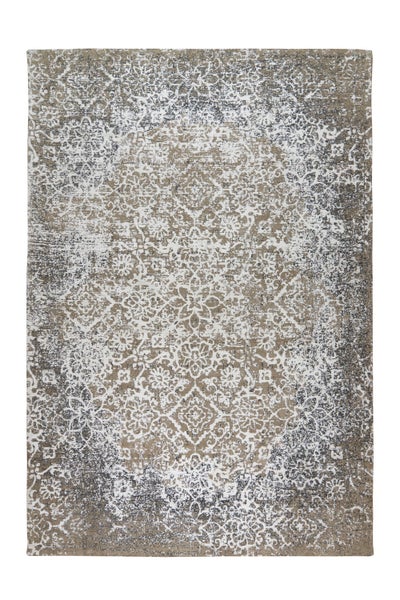 Rechteckiger Vintage-Teppich mit ornamentalem Muster in Grau und Beige, verwaschene Optik.