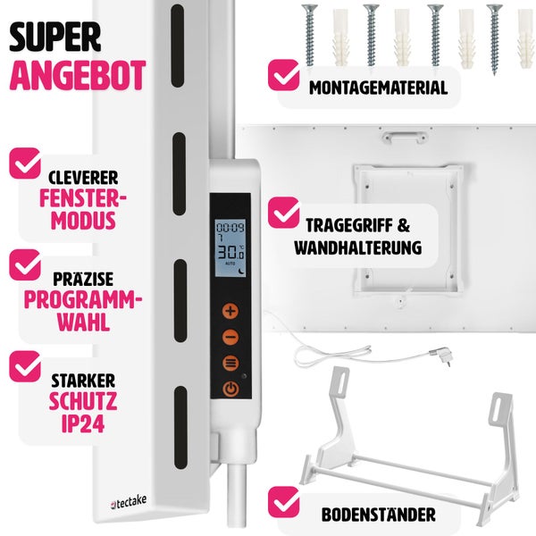 Hybrid Infrarotheizung tectake  einfache Wand- oder Deckenmontage, inklusive Ständer rahmenlos mit Thermostat weiß
